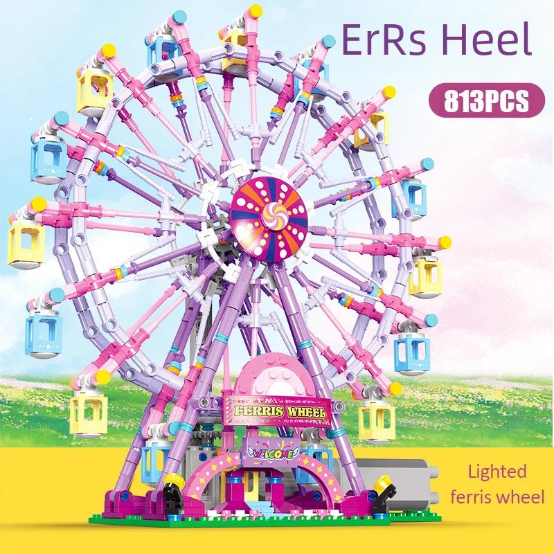 Non-Toxic Zkzc Cherry Blossom Color City Friends Seven Colors Led Rotating Ferris Wheel Building Blocks Electric Bricks Toy Children Gifts