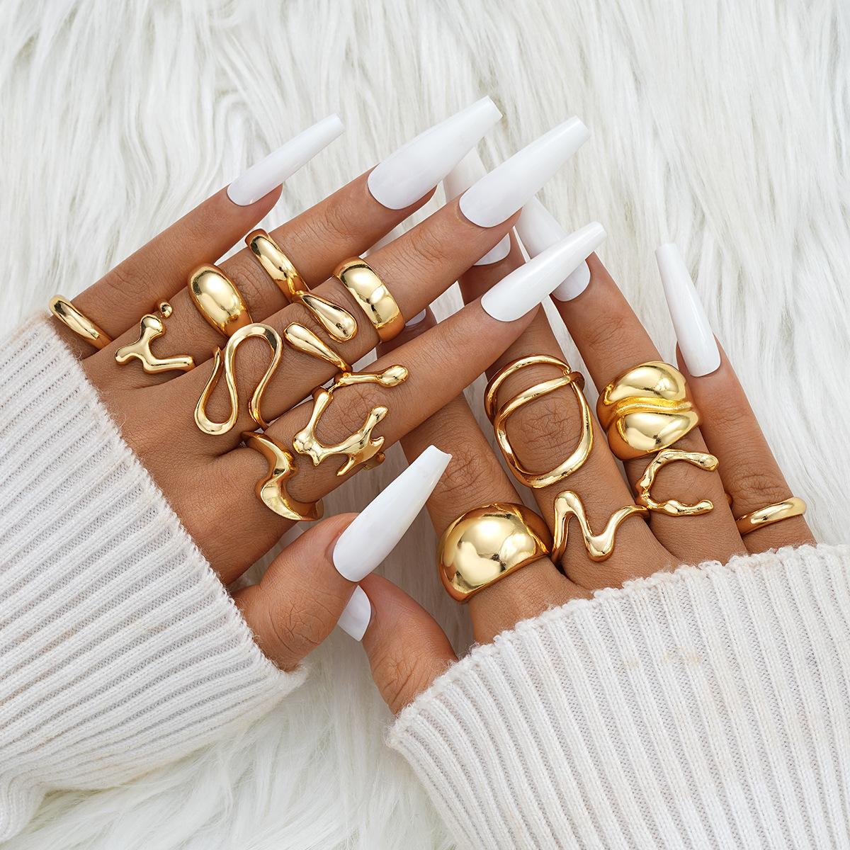 

15Pcs Punk Smooth Geometric Open Rings Set For Women Exaggerated Irregular Silver Color Thick Chunky Ring Hip Hop Jewelry Gifts