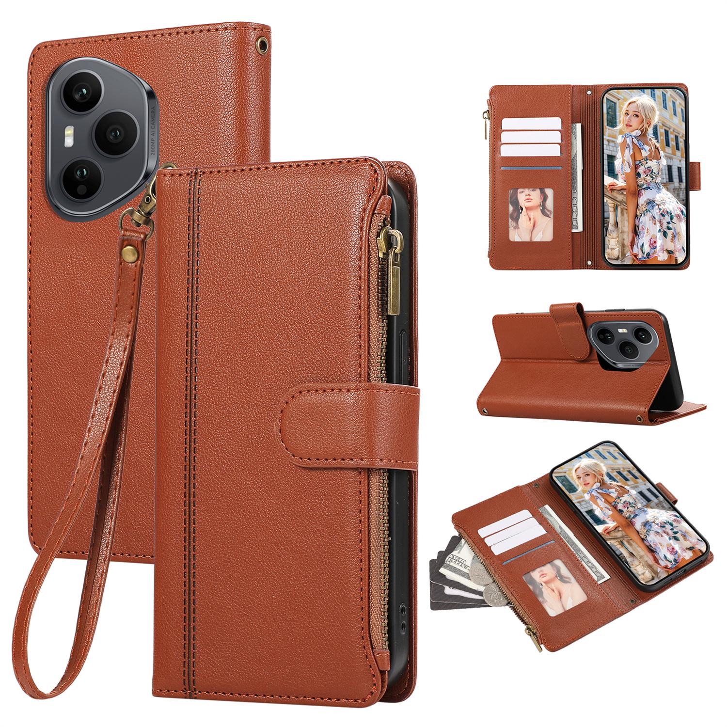 

For Honor 400 Pro 5G (Global) Case Multi Card Slots Zipper Leather Phone Cover with Wrist Strap Brown