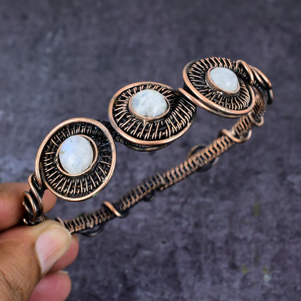 Natural Moonstone Gemstone Handmade Copper Wire Wrap Cuff Bangle Adjustable ET-4662