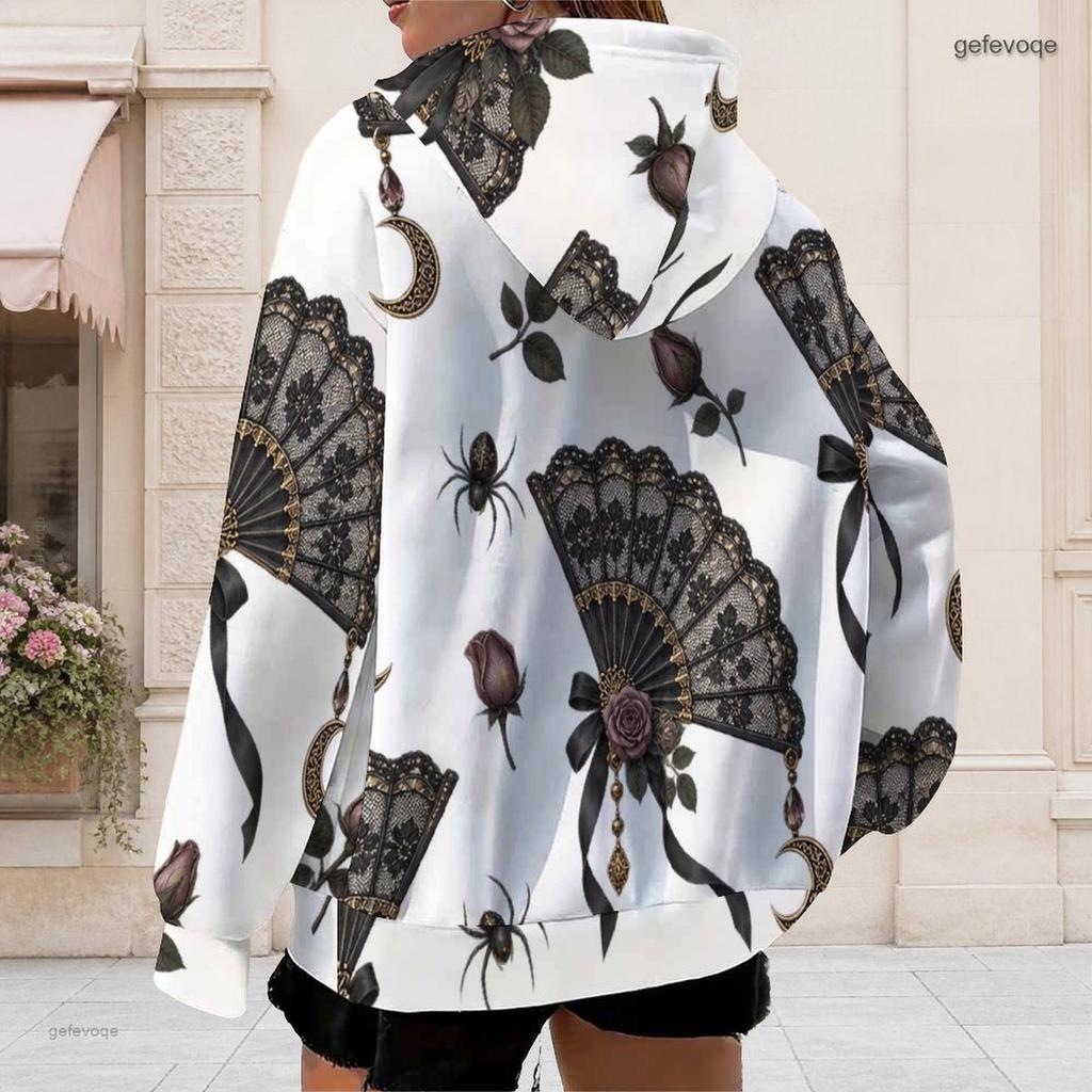 Women Plus Size Zip Up Long Sleeve Hoodie Black Cat Pumpkin Leaf Printed White Sweatshirt With Pockets