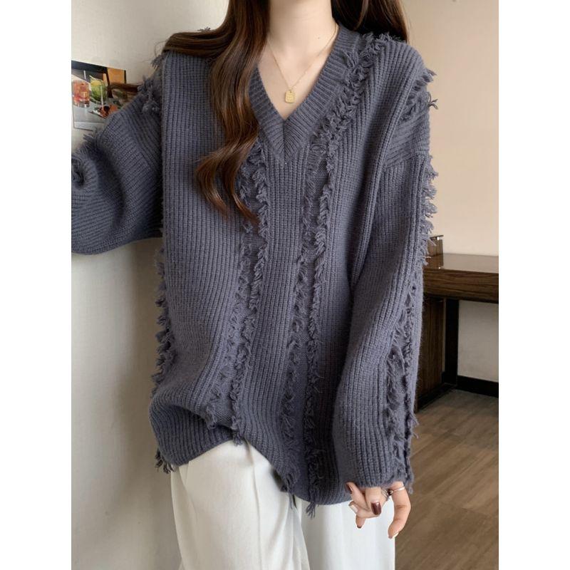Fashion Plus Size Chubby Girl Autumn and Winter Lazy Style V Neck Pure Color Slimming Slim Fit Loose Casual Long Sleeves Knitwear Sweater