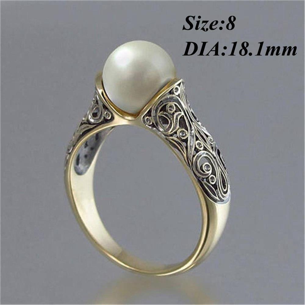 Charm Gift Vintage Wedding Jewelry 14K Yellow Gold Plated White Pearl Ring