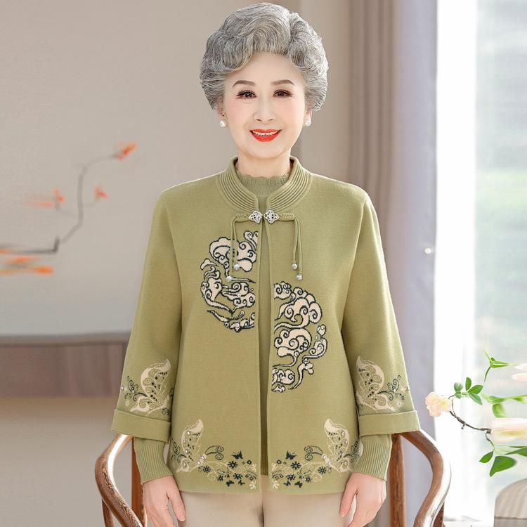 New Autumn and Winter Middle-aged and Elderly Grandma Sweater Two-piece Set Mother Women's Clothing Chinese Style Knitted Cardigan Set