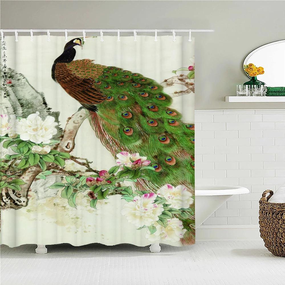 3D Flowers and Birds Peacocks Shower Curtain Waterproof Bathroom Curtains Polyester Home Decor Bathtub Curtain Screen with Hooks