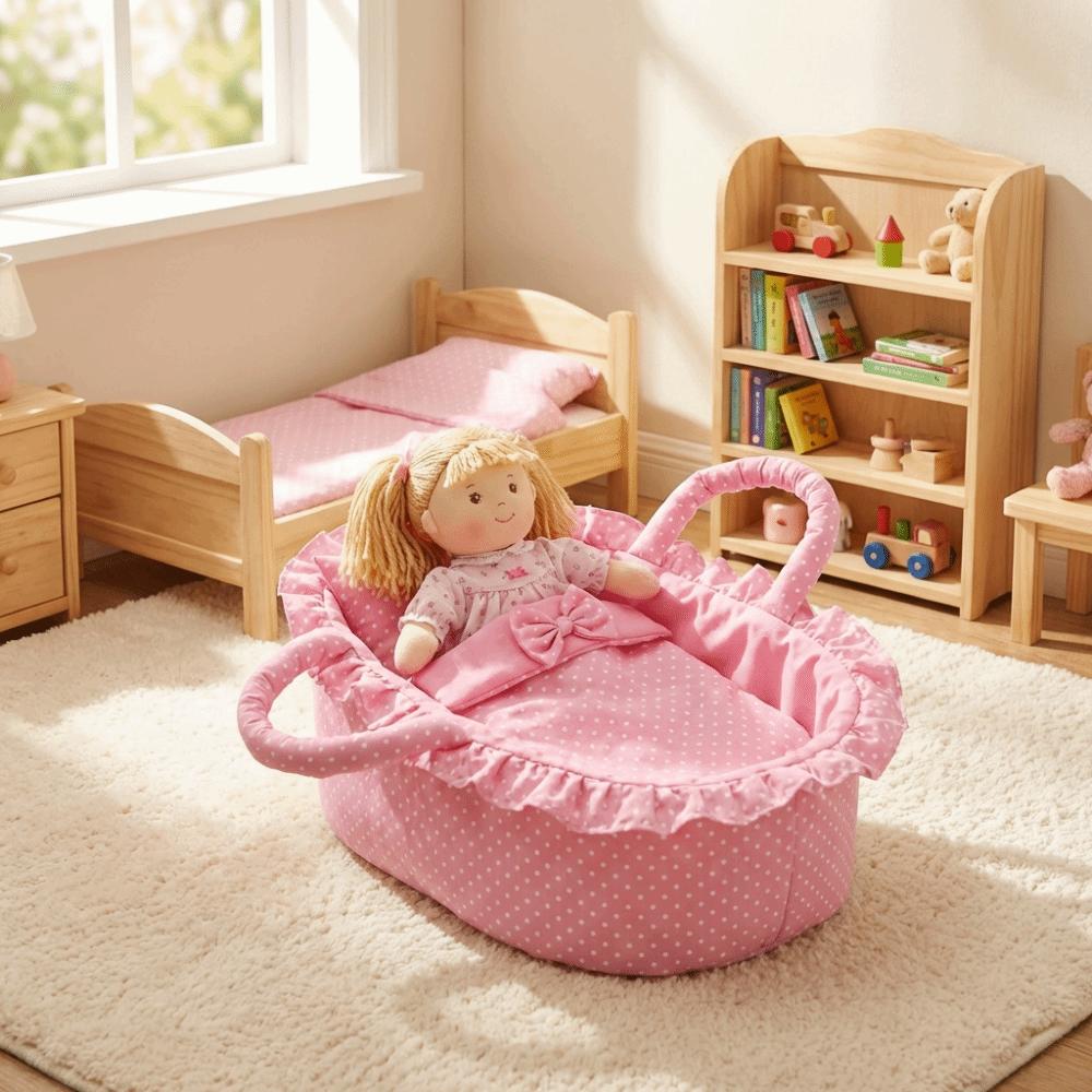 Hand-pull Design Doll Basket Soft Pink Gingham Dollhouse Accessories Ruffled Design Washable Material Pretend Play Toys