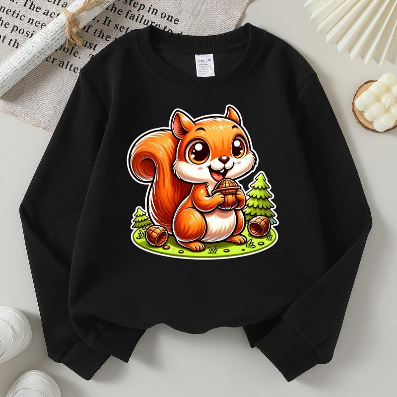 Kids Crewneck Sweatshirt, Cute Squirrel Holding Acorn Cartoon Print, Soft Casual Pullover for Fall Winter