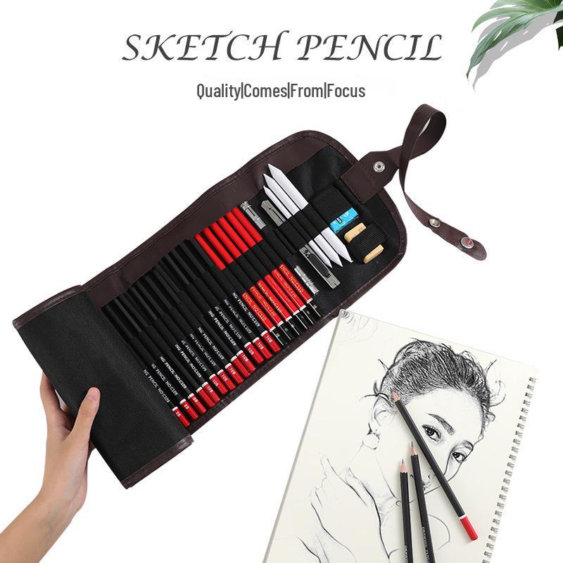 39-Piece Beginner Sketching Set: Charcoal Pencils, Eraser, Paintbrushes & Pencil Roll-up Case
