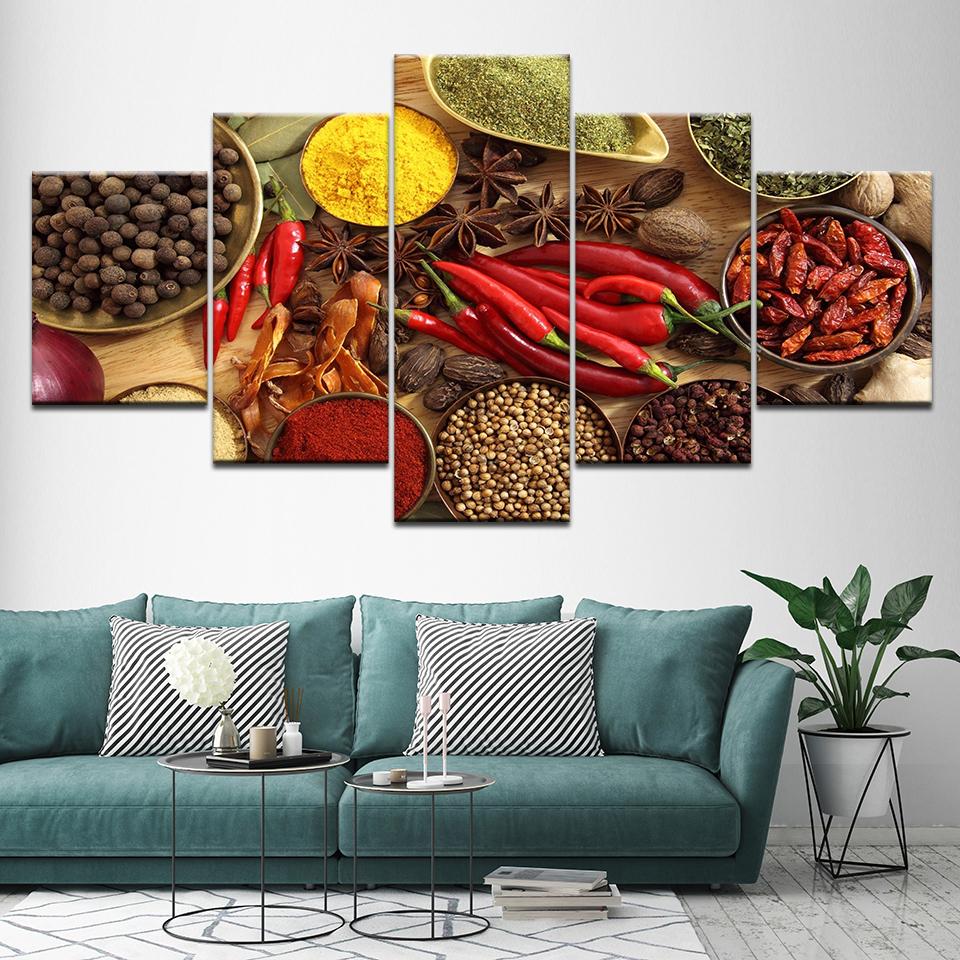 Väggkonst Canvasmålning Posters Prints 5 Panel Sked Korn Kryddor Peppar Kök Modulär HD Mat Bild Heminredning Ingen ram
