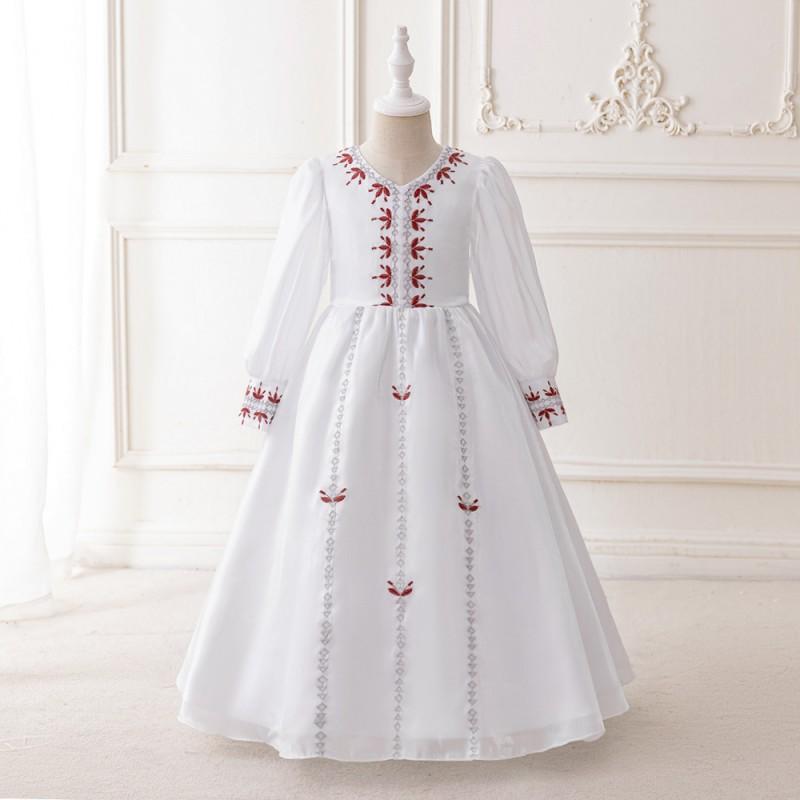 Girls White Tulle Party Dress Long Puff Sleeve Formal Gown Kids 4-8 Years