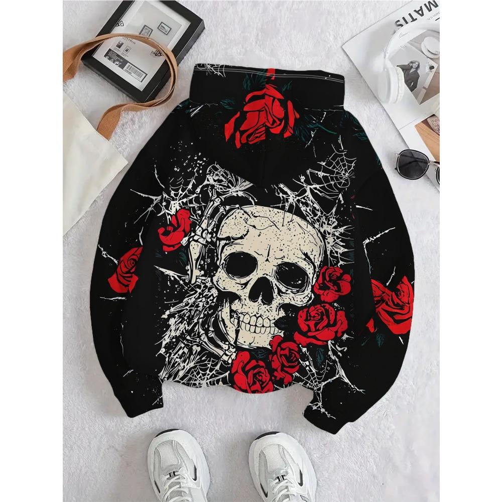 Women's Trendy Skull and Rose Print Sweatshirt, Stylish and Unique Polyester Long-Sleeve Top, Machine Washable, for Casual Daily Wear