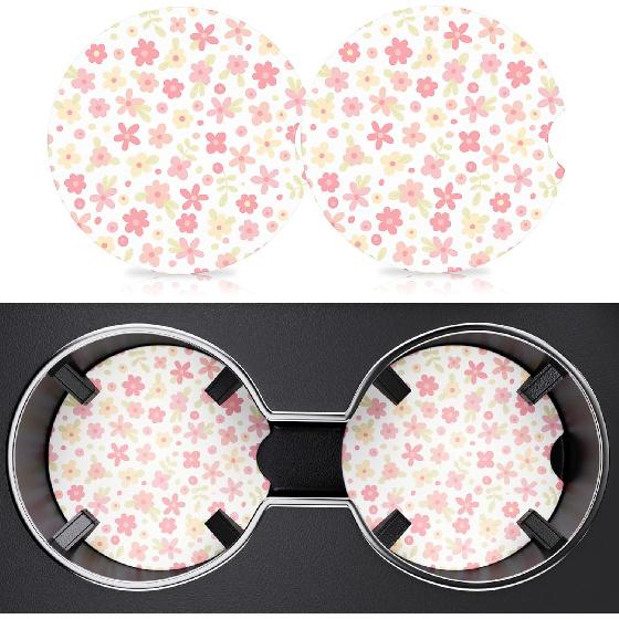 2 Pack Car Cup Holder Coasters, 2.63 Inch Anti Slip Ceramic Absorbent Coaster with Cork Base and Finger Notch, Cute Car Accessories Interior for