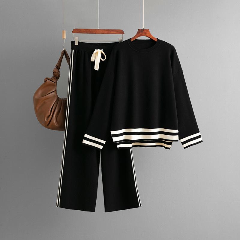 Fashion Suit Women's Autumn And Winter Knitted Round Neck Loose Fitting Pullover Sweater Wide Leg Pants Two-piece Set