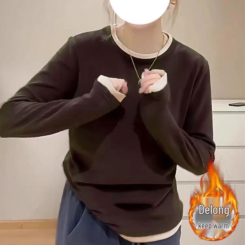 Maillard Color Block Fake Two-Piece Long Sleeve Velvet Base Shirt - Autumn/Winter Hong Kong Style for Women