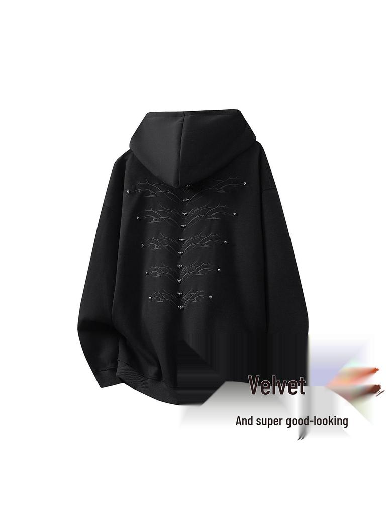 Men's Retro Beaded Embroidery Velvet Hooded Sweatshirt, Autumn/Winter Warmth