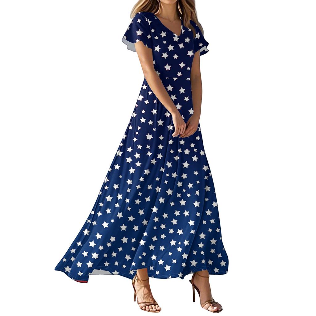Women's Casual Fashion Print Long Dresses V-Neck Short Sleeve Dresses