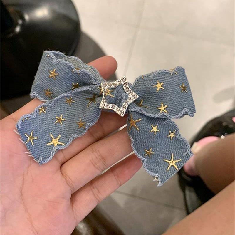 

Ретро джинсовая заколка с бантом и звездами, аксессуары для волос, милые девчачьи индивидуальные аксессуары для волос Y2K, женская эстетика