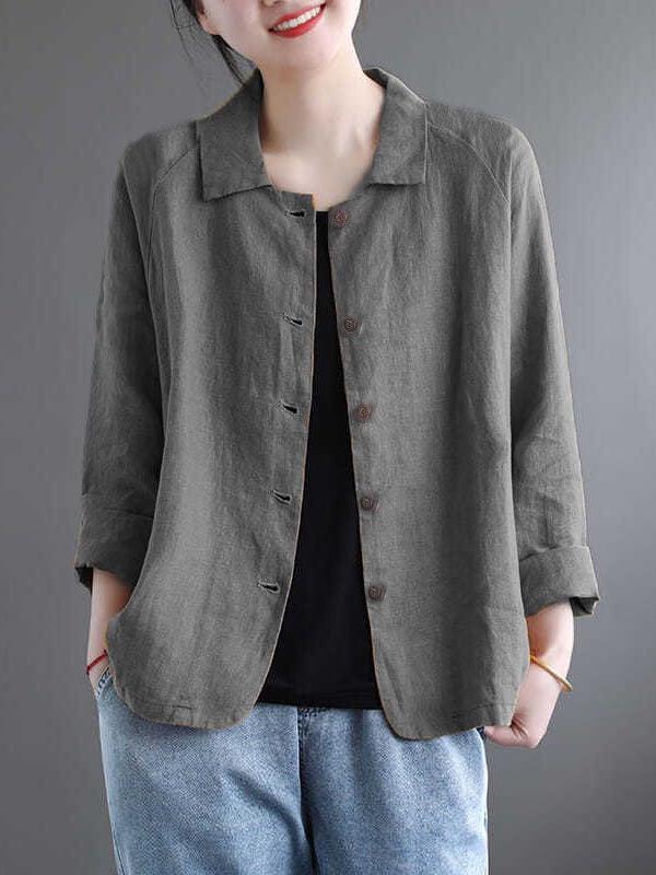 Damen Baumwolle Leinen Hemdjacke - Frühling/Herbst Vielseitig Einfarbig mit Sonnenschutz