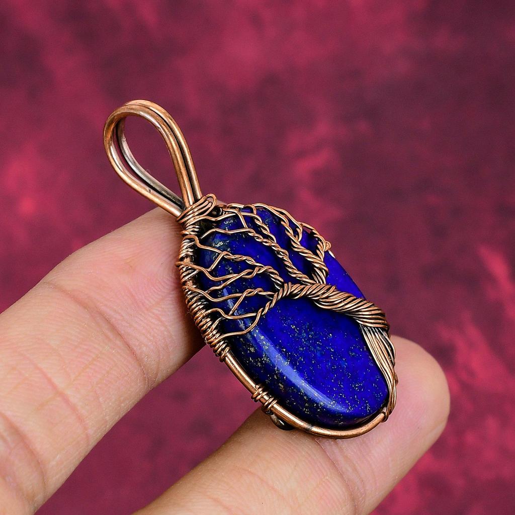 Tree Of Life Lapis Lazuli Gemstone Pendant Copper Wire Wrapped Handmade Jewelry