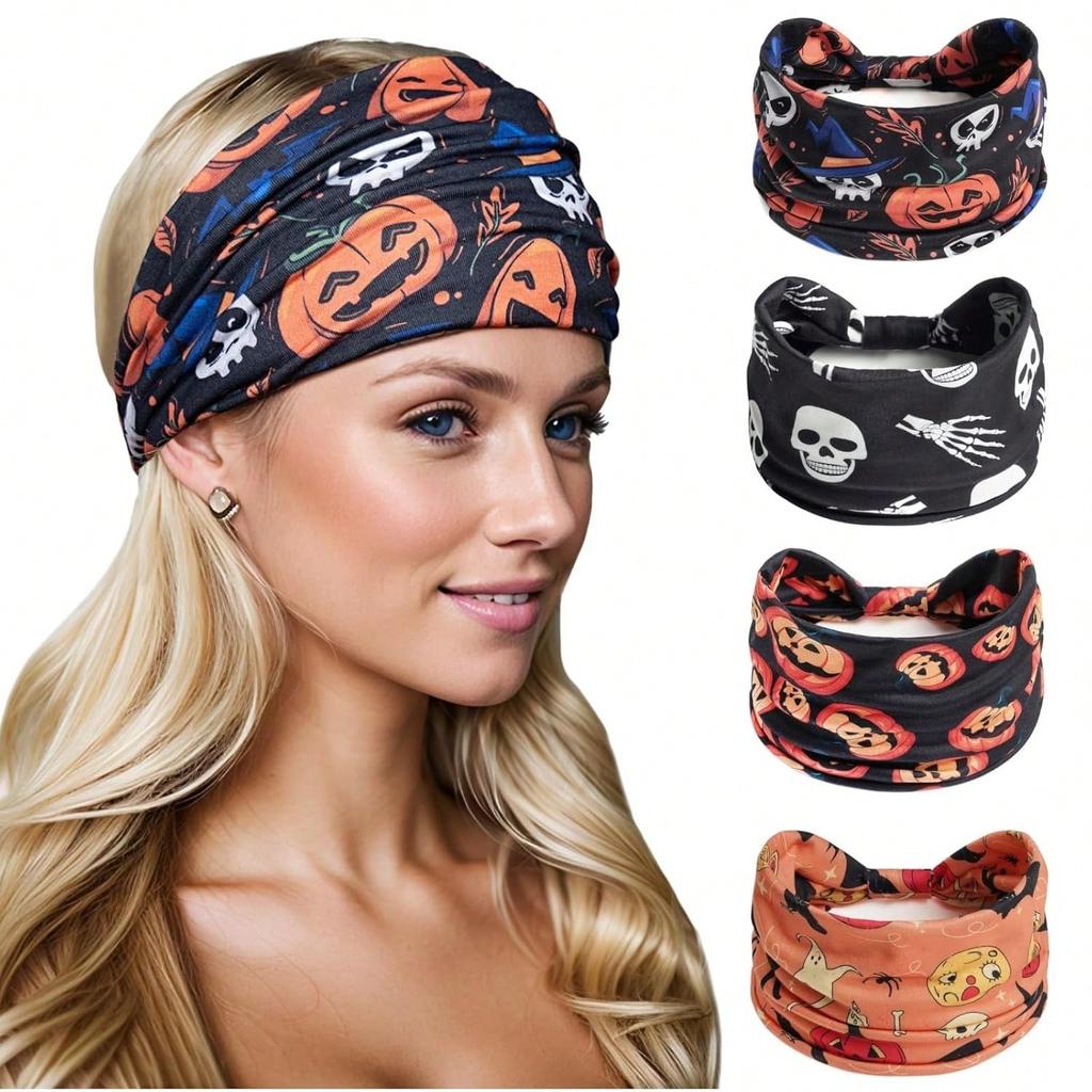 Women Pumpkin, Bat Wide Holiday Headbands, Festival Gift Hair Accessories Pumpkin Rose Boho Polyester Fashion All Season Women Scarf Fall Hair Band
