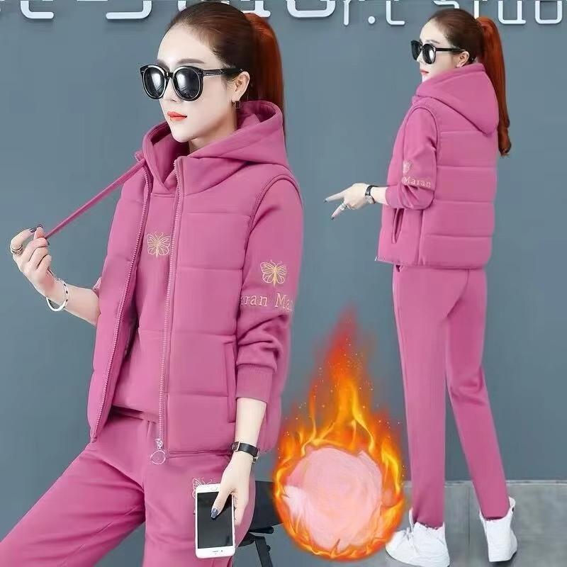 2 Pieces Women Sets Autumn Thickened Fleece Sportswear Vest+hoodies+pant Cold-proof Winter Coat Sets Women's Clothing