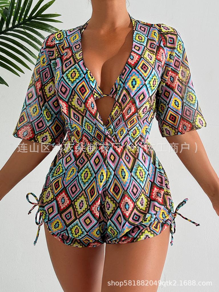 Swimsuit Beach Sunscreen Tropical Plant Printed Blouse Swimsuit Women's Three-piece Neck Bikini