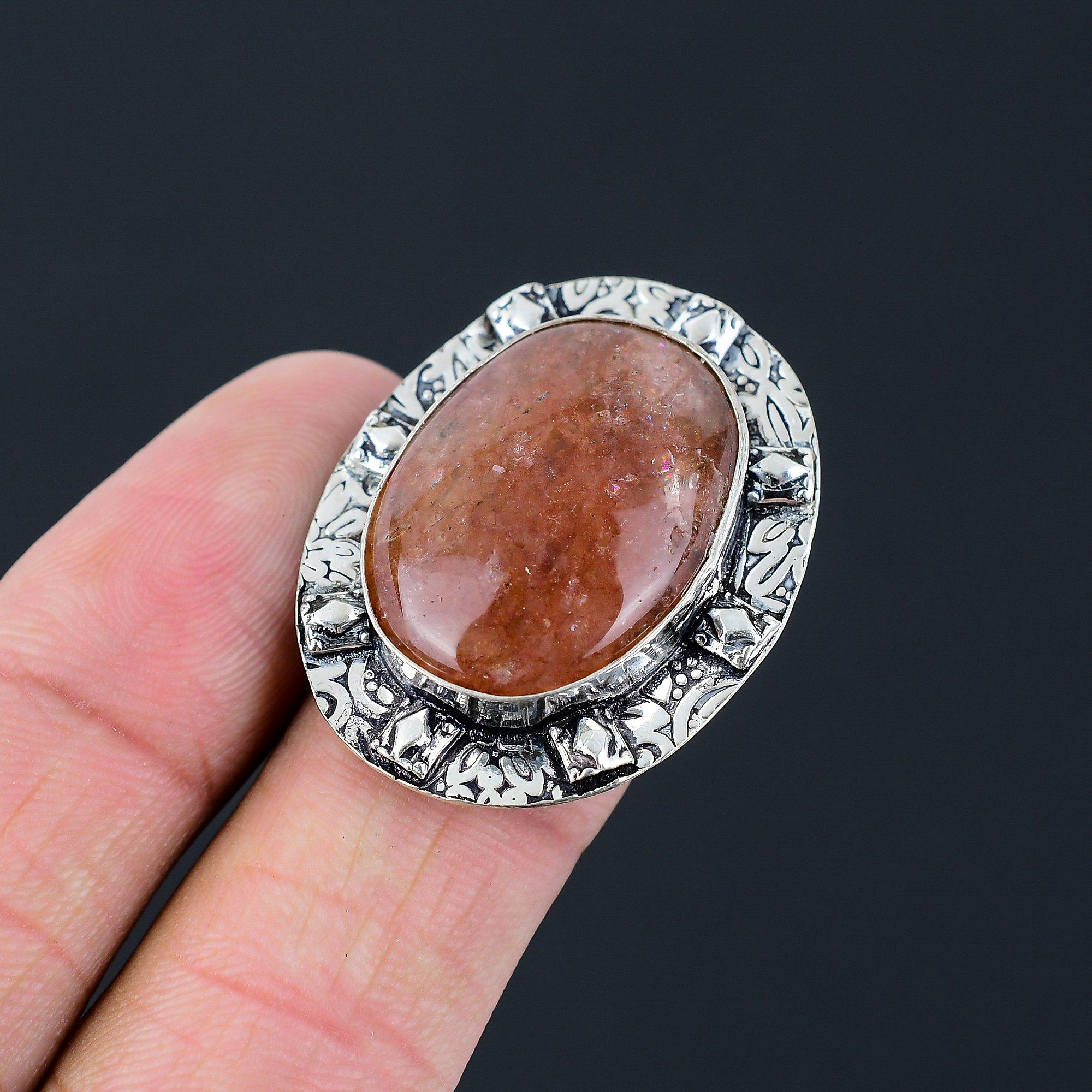 925 Sterling Silver Oval Strawberry Quartz Stone Wedding Promise Wife Ring US 8 8