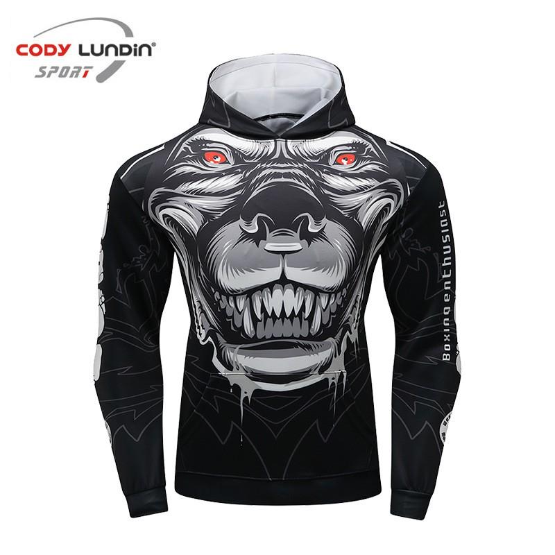 Mens Slim Fit Hooded Gym Workout Top Digital Print Long Sleeve Athletic Shirt Fitness Running Training