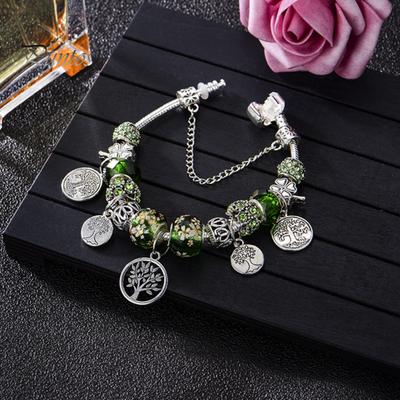 Good Fortune Bracelet Glazed Tree of Life Green Faux Crystal Vintage DIY Multi Charm Ethnic Style Pastoral Bangle for Shopping Work Party Dating
