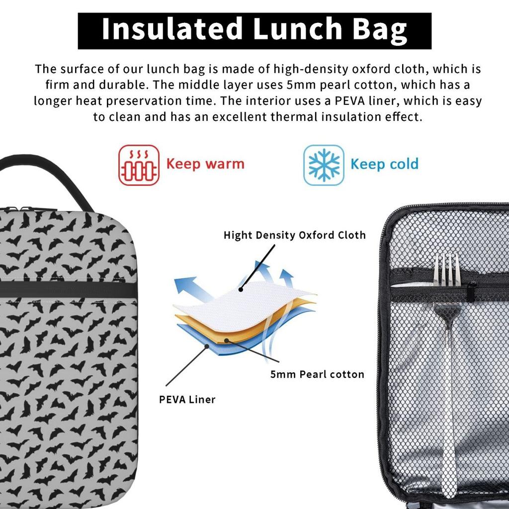 Elegante Bolsa de Almuerzo Aislada con Patrón de Murciélago Blanco y Negro para Niños, Nevera Escolar, Contenedor Térmico para Comida, Bolsa de Tote, Fiambreras Portátiles
