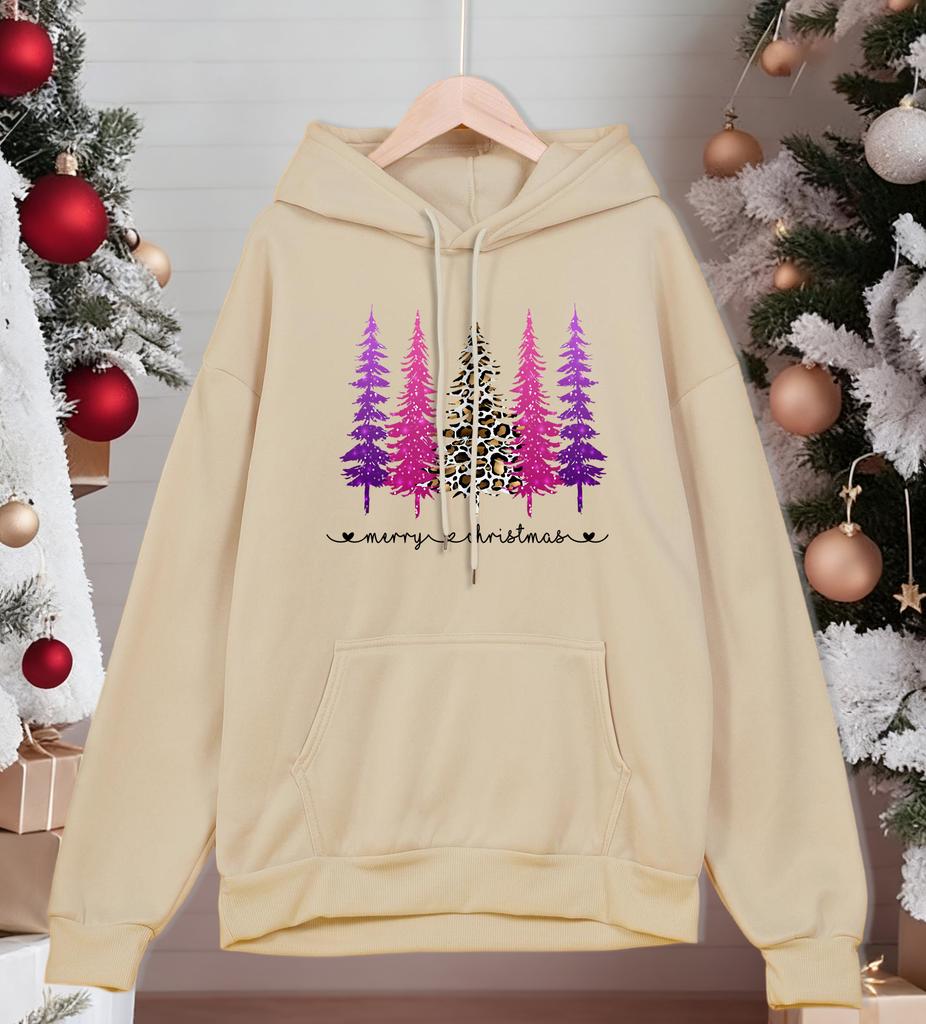 Merry Christmas Leopard Tree Printing Hoodies Mens Casual All-Match Clothing Man Oversized Pocket Hoody Autumn Fleece Streetwear