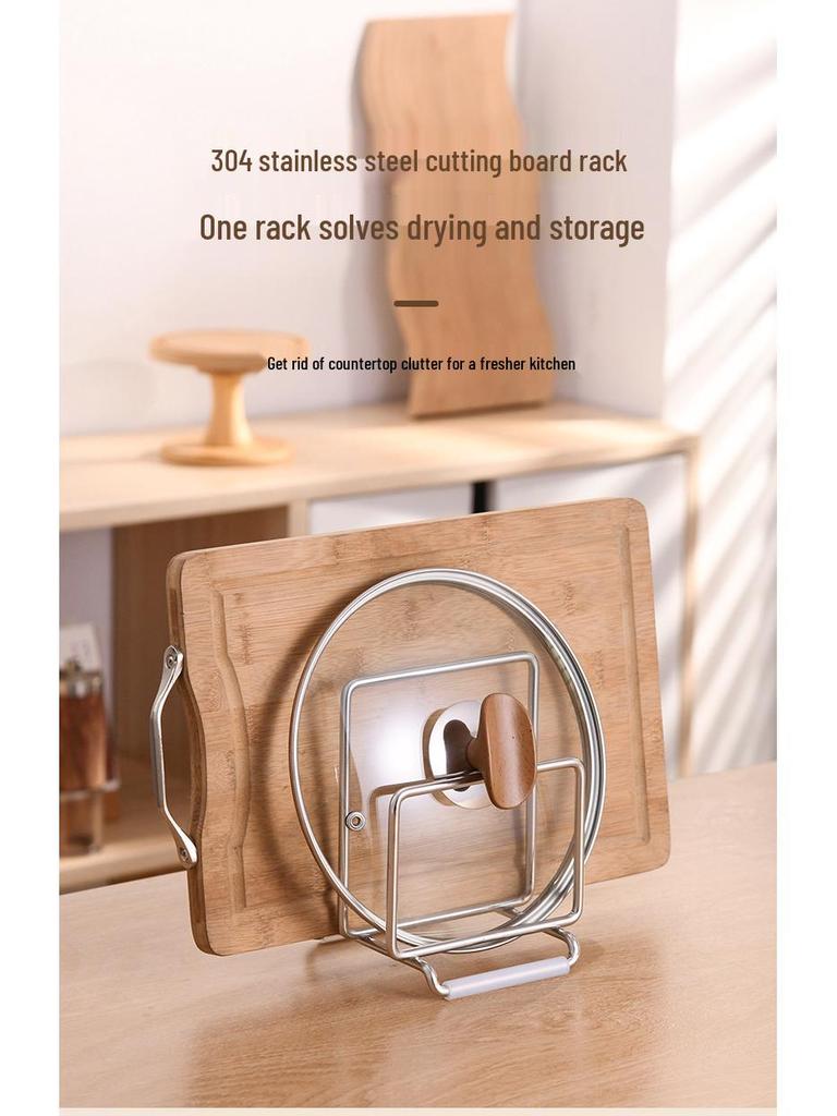 304 Stainless Steel Double-Slot Cutting Board and Pot Lid Rack - 6MM Thickened Shelf for Kitchen Storage