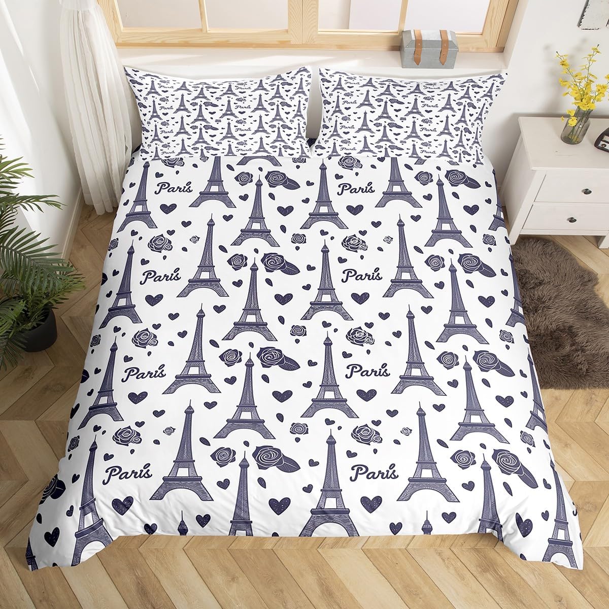 

Eiffel Tower Duvet Cover Twin Queen Romantic Paris Comforter Cover 3pcs Sexy Red Lips Kiss Marks Bedding Set For Girls Adults EU Single(135x200cm)