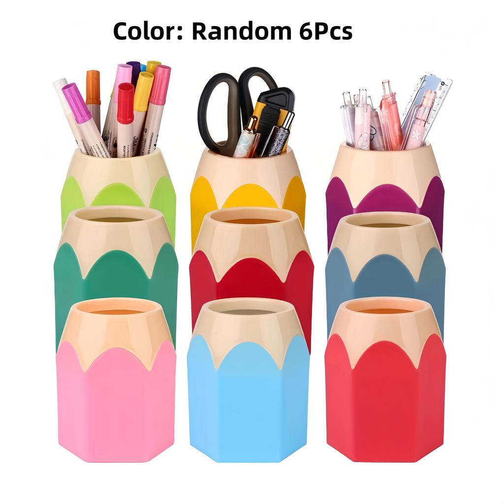 9/6pcs Cartoon Pencil-Shaped Desk Organizer Set | PE Plastic Pen Holder with Cup and Box, Office Colorful Stationery Storage