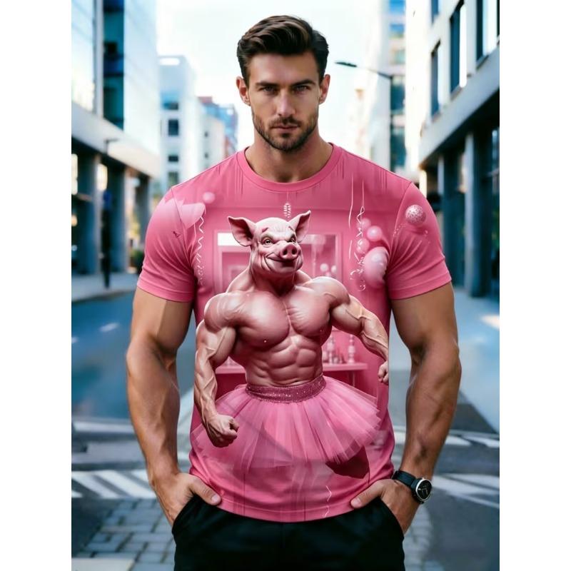 Novelty Cartoon Cat And Pig Graphic 3D Print T-Shirt For Men Funny Animal Design Short Sleeve Casual Tshirt Oversized Streetwear