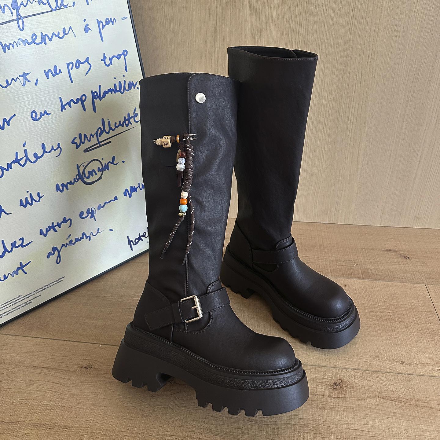 

Скоростные треноги, увеличивающие высоту, ботинки с пряжкой-бусиной, женские модели 2025 года на осень и зиму, до колена, облегающие ноги, высокие сапоги-рыцари 40 коричневый