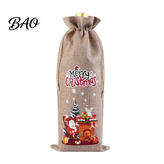 Decorative Bottle Bags for Christmas Wine Bag, Vintage Drawstring Sleeve, Reusable Faux Holiday Party Packaging Linen Cover Clothes New Year