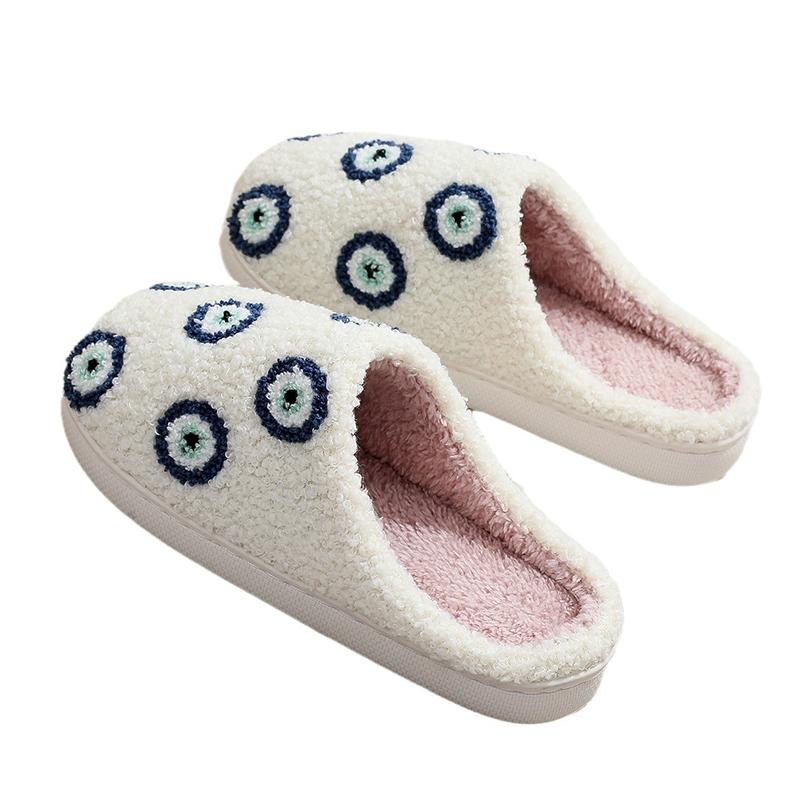 

Модные универсальные хлопковые женские тапочки с мультяшными глазами, зимние белые шлепанцы из искусственного меха, женские плюшевые туфли на мягкой подошве с противоскользящим эффектом 44-45 белый