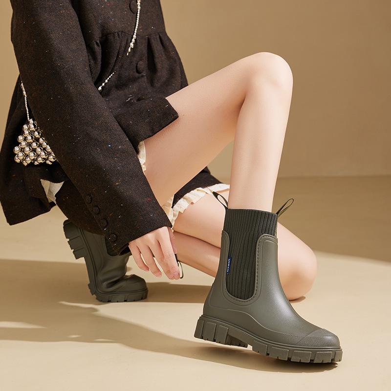 Women's Non-Slip Chelsea Mid-Calf Fly-Knit Rain Boots