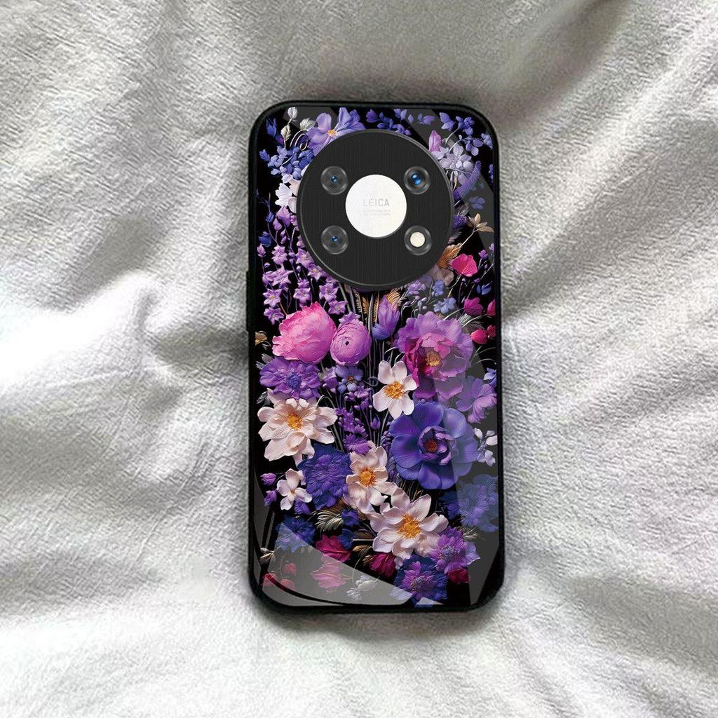 Shockproof Cover for HONOR X9 5G Vintage Oil Painting Purple Floral Phone Case, Glossy Acrylic Back TPU Bumper