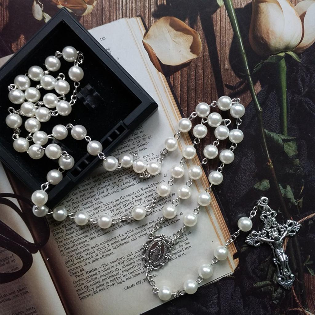 8mm Prayer Beads Rosary Necklace Mary Jesus for Cross Pendant Catholic Necklaces Religious Jewelry Women Charm Gifts