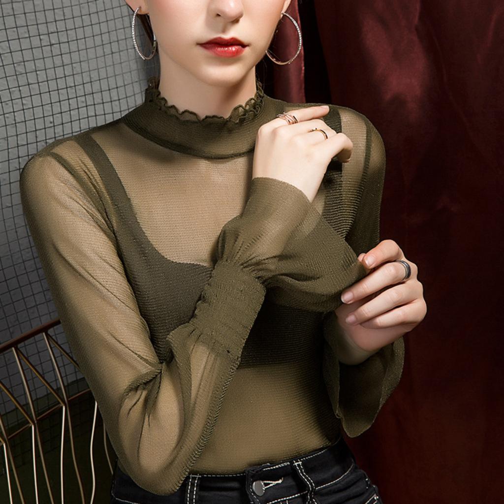 Double-Layer Mesh Collar Base Layer Top For Women Stand-Up Collar Puffed Sleeves Sheer Inner Layer Top Long-Sleeved Blouse
