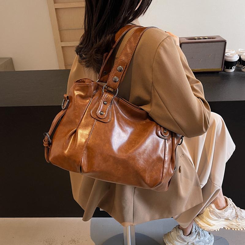 Yogodlns Classic Retro Casual Solid-Color Tote Bag Large-Capacity PU Shoulder Bag Soft Leather Fashionable Versatile Commuter Handbag