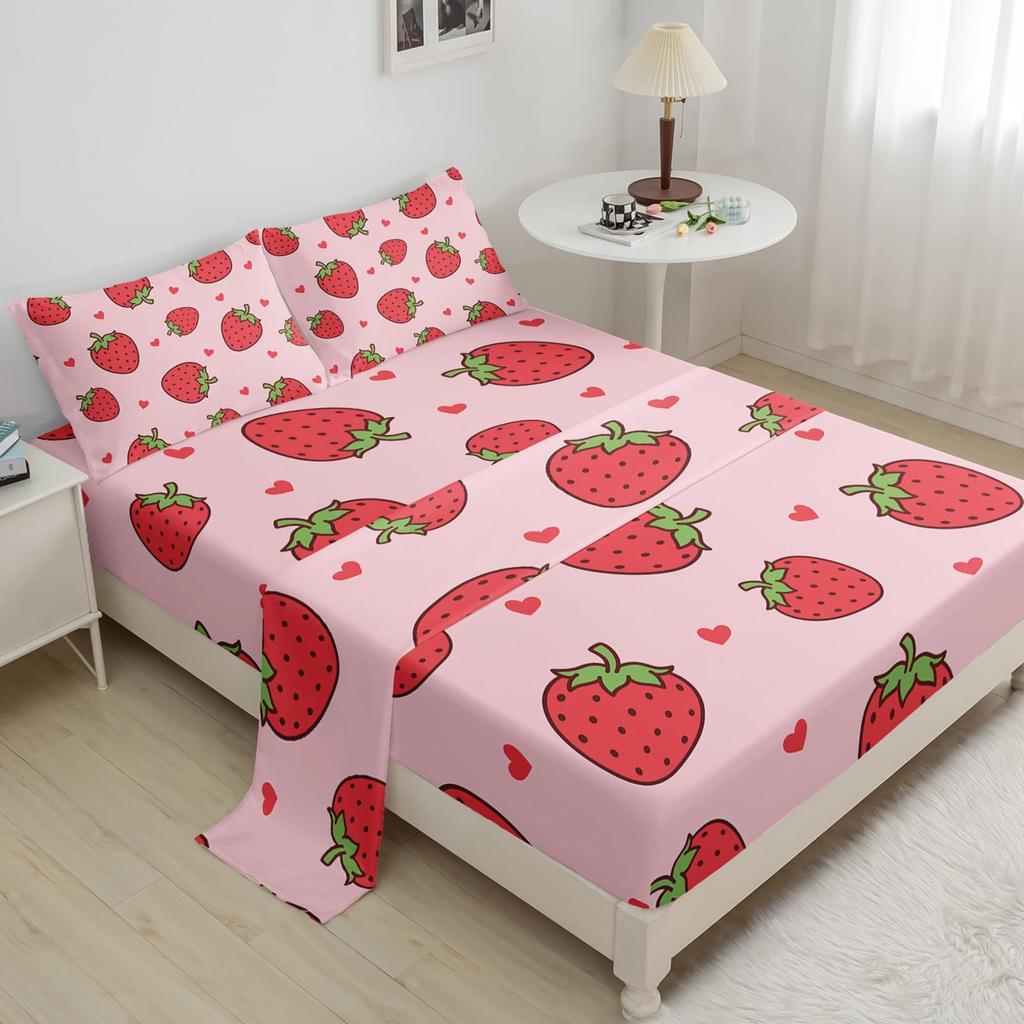 Cartoon Fruit Strawberry Pattern Bed Hat Four-Piece Bedding Set Bedroom Dormitory Bedding Decoration