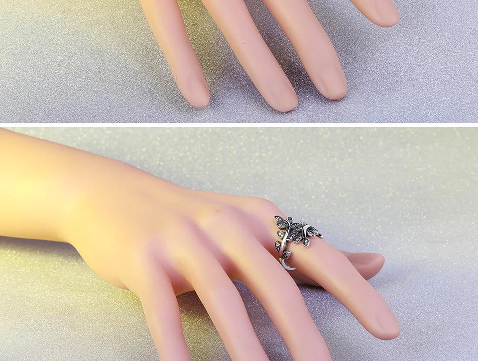 Beautifull Leaf Shape Ring with AAA Cubic Zirconia for Women Aneis Wedding Party Black Vintage Silver Bijoux Full Size