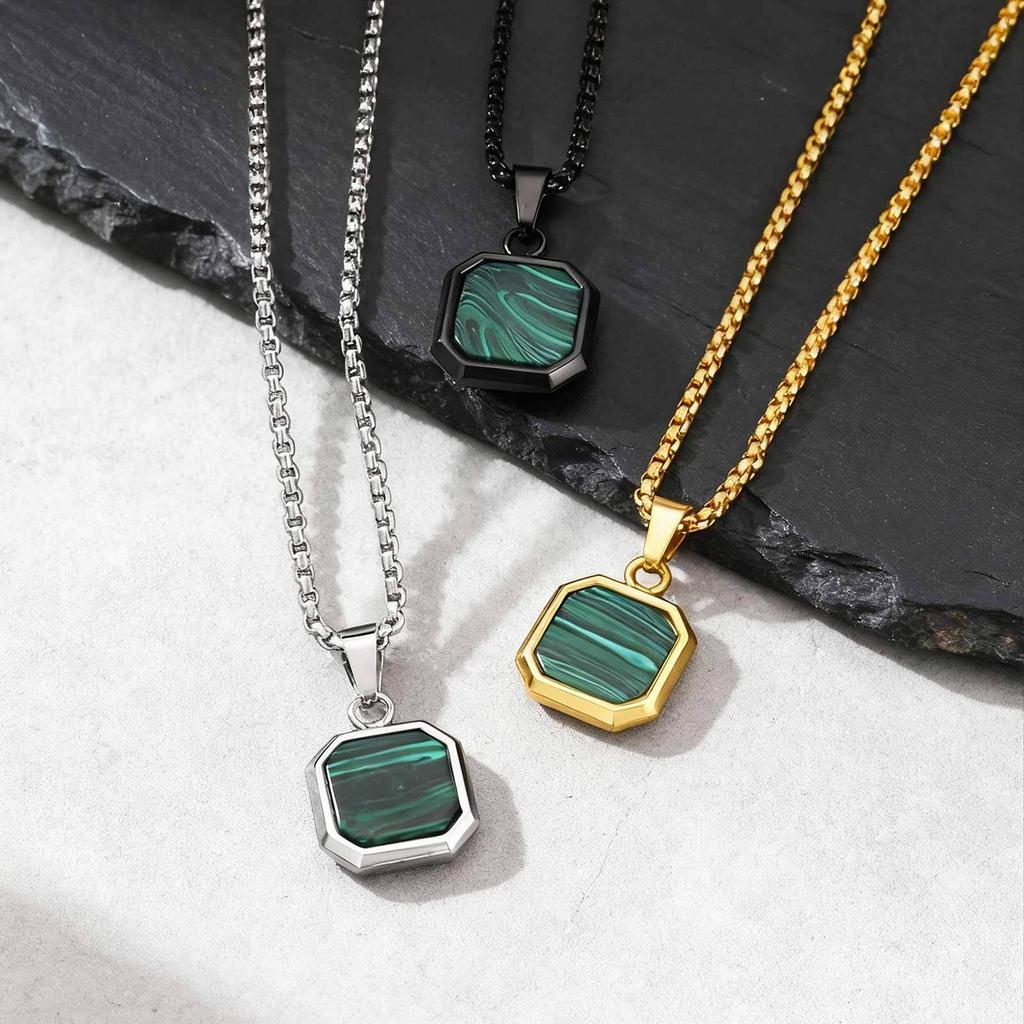 Trendy Green Square Natural Stone Necklace for Men,Stainless Steel Malachite Pendant Necklace,Minimalist Gifts for Husband Dad
