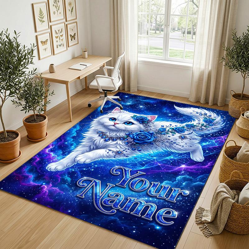 Cat Theme Crystal Velvet Rug Personalized Custom Name Text Soft Floor Mat Home Decor