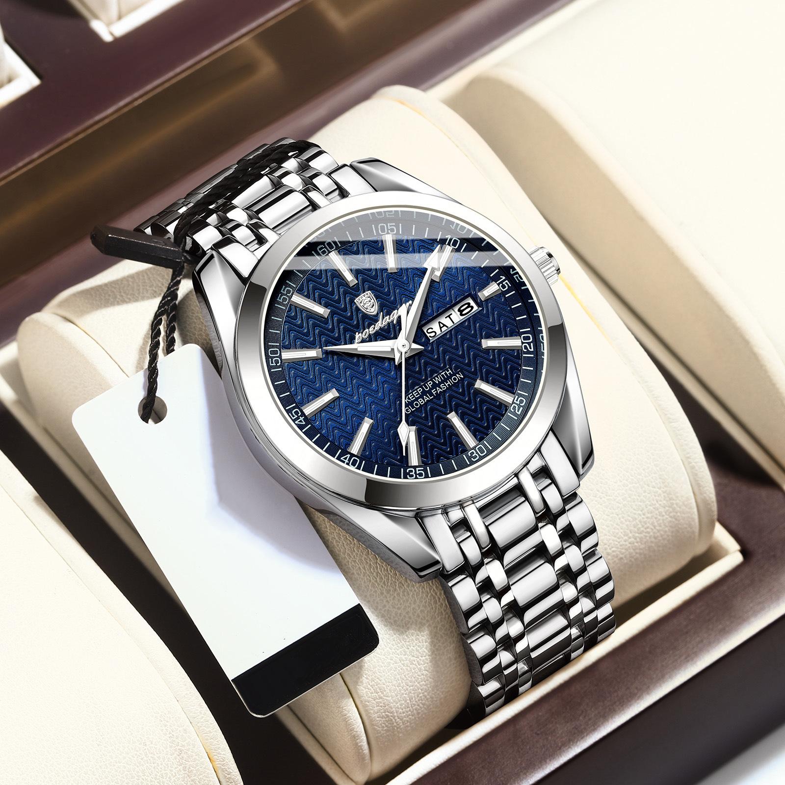 

POEDAGAR Брендовые деловые мужские часы из нержавеющей стали Водонепроницаемые светящиеся кварцевые часы с датой и неделей класса люкс для мужчин синий/серебряный