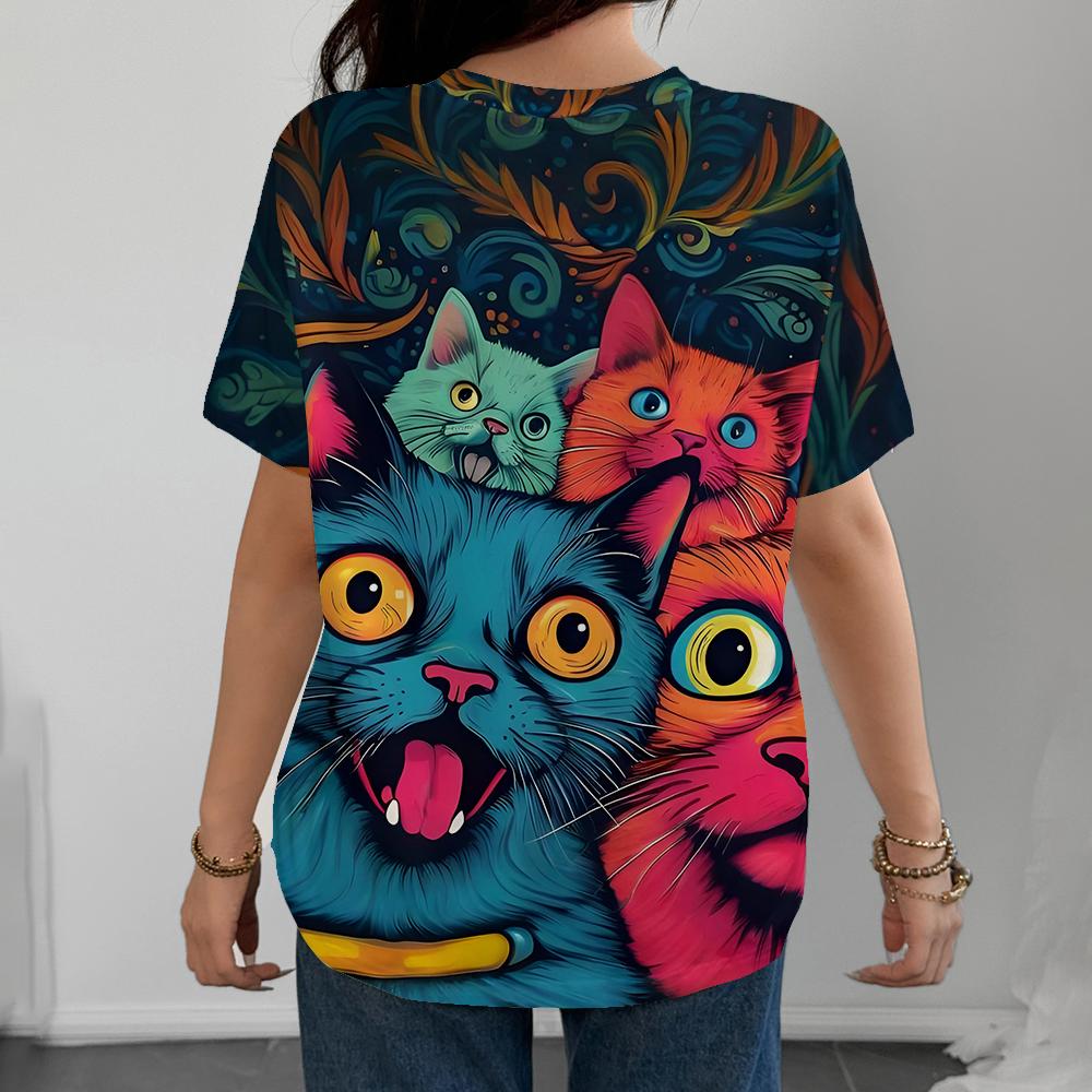 Summer Personalized Cute Cat Pattern Daily Casual Versatile Women's Short Sleeved T-shirt Classic Pullover Unisex Y2k Streetwear