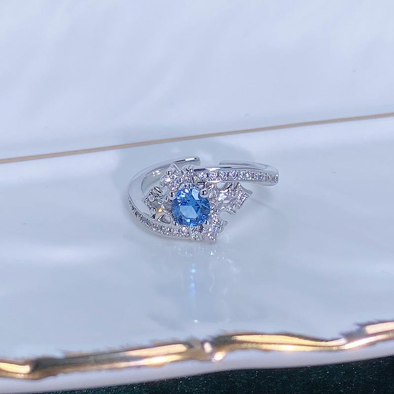 Caibao Personalized Sea Blue Micro-Inlaid Zir*****Pen Ring Female Geometric Niche Light Luxury High-End Ring Female